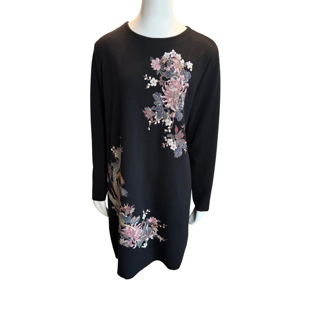 Zara W&B Black Embroidered Floral Phoenix Crepe Shift Dress XL Long Sleeve